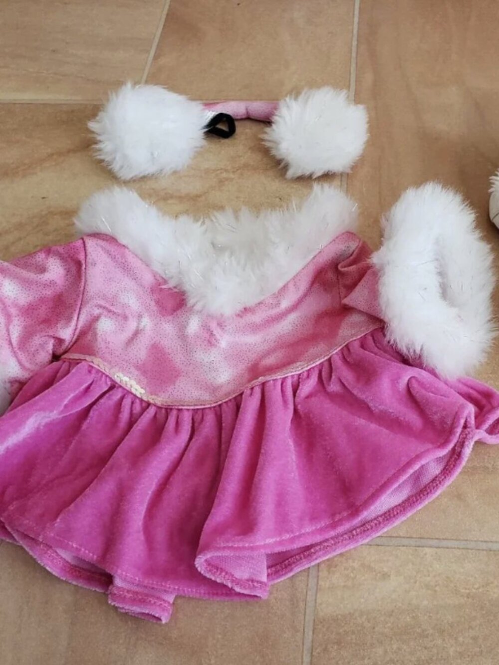 Build-A-Bear Pink & White Ice Skater Fur Dress with Ear Muffs Outfit